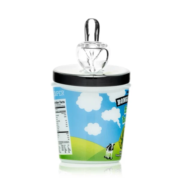 Rear view of Hemper ice cream pint bong with clear glass bowl, black lid-style rim, and blue-green wrap design