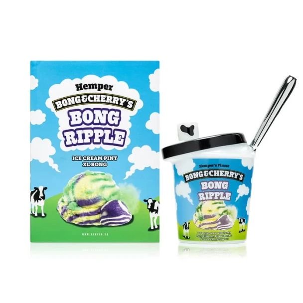 Hemper Bong Ripple XL ice cream pint bong displayed beside its matching blue and green retail box