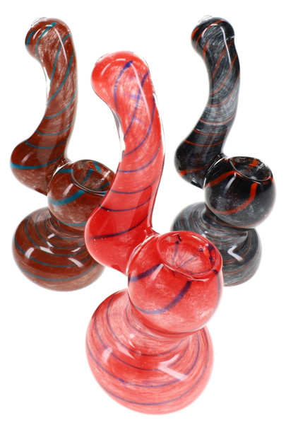 Three 4" mini frit glass Sherlock bubblers with red, brown and black swirl-striped designs shown together