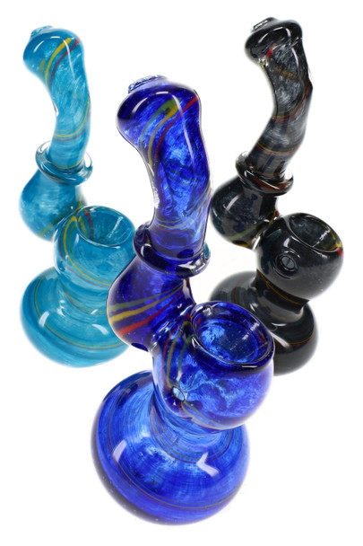 Three 4" mini frit glass Sherlock bubblers in aqua, blue and black with multicolor Rasta stripe accents