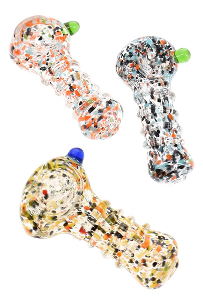 Three 2.5" mini glass spoon pipes with assorted confetti frit, raised coil accents, and colored glass marbles