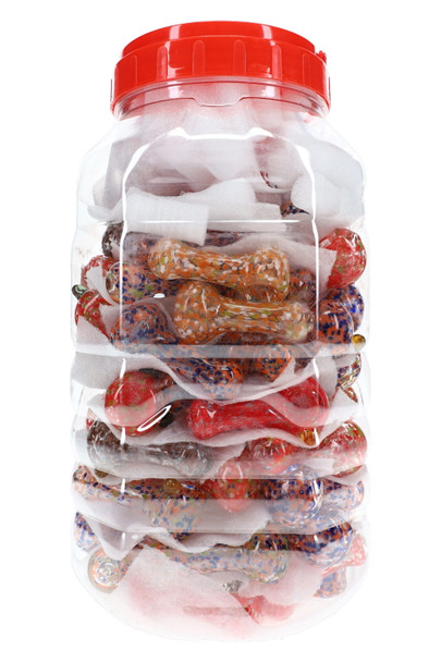 Clear jar packed with assorted-color mini confetti frit glass spoon pipes separated by protective wrapping