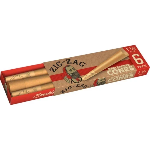 Open Zig-Zag 1 1/4 unbleached cones slider box showing six paper cones inside the kraft and red package