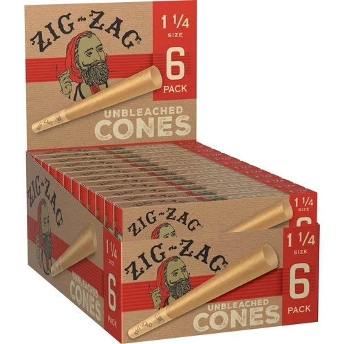 Open Zig-Zag unbleached cones retail display with 1 1/4 size 6-pack slider boxes arranged upright