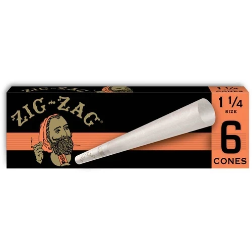 Zig-Zag Ultra Thin 1 1/4 cones 6-pack in black and orange slider-box packaging with white cone pictured