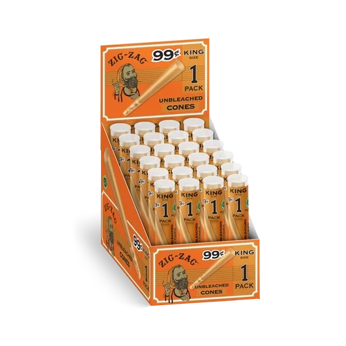 Zig-Zag King Size unbleached cone display carton with 24 orange single-cone tubes arranged upright