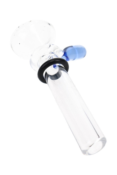 Clear Ancient Creations glass slide bowl with black sealing ring and light blue glass handle