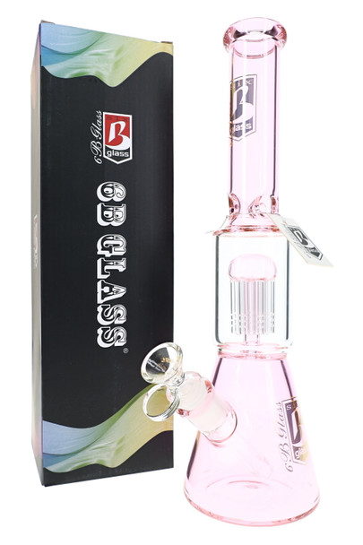Pale pink 13.5" 6B Glass beaker water pipe with tree perc, clear bowl, ice pinch, and branded retail box