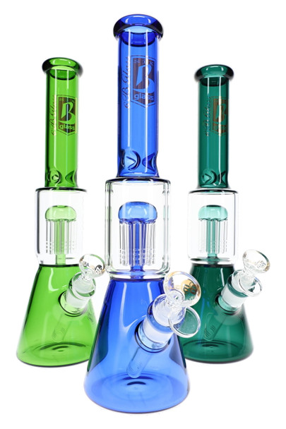 Three 13.5" 6B Glass beaker water pipes in green, blue, and teal with clear chambers and colored tree percs