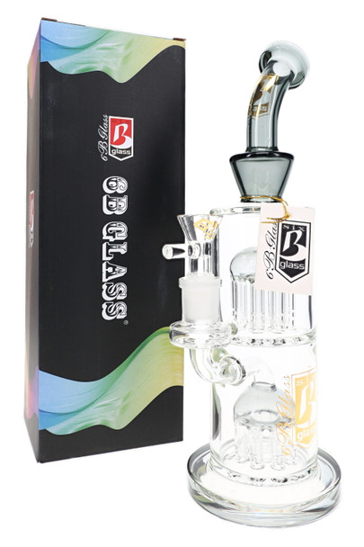 Clear 11" 6B Glass double tree perc water pipe with smoke-gray accents, bowl, branded hang tag, and retail box
