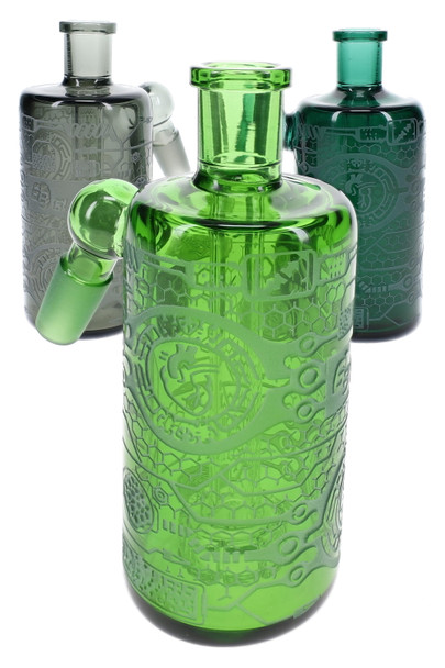 Three 6B Glass 14.5 mm ash catchers in green, smoke gray and teal glass with detailed frosted biotech graphics