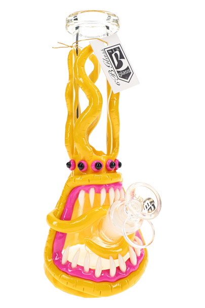 Yellow and pink 9.5" 6B Glass monster beaker with tentacle neck, toothy mouth, clear bowl, and branded hang tag
