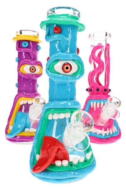 Three 9.5" 6B Glass monster beaker water pipes with bright blue, purple, green, and pink sculpted face details
