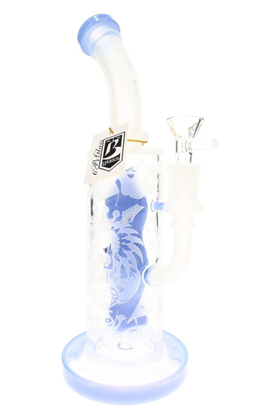 Blue-accented 6B Glass Halloween water pipe with curved mouthpiece, frosted ghost graphics, bowl, and hang tag