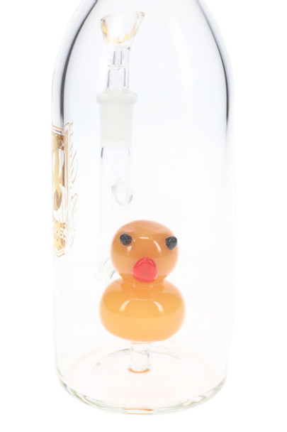 Close-up of orange duck percolator inside clear 6B Glass bottle water pipe with black eyes and red bill