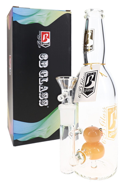 8.5" 6B Glass bottle water pipe with orange duck perc, clear bowl, branded hang tag, and retail box