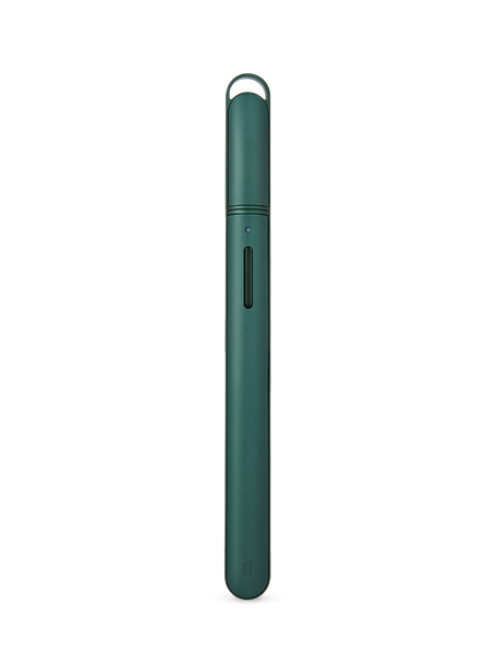 Pine Puffco Hot Knife with protective cap installed, showing slim green body, button, indicator, and cap loop
