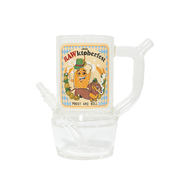 Front view of clear RAWktoberfest Prost & Smoke Stein with colorful 2026 artwork and cone adapter attached