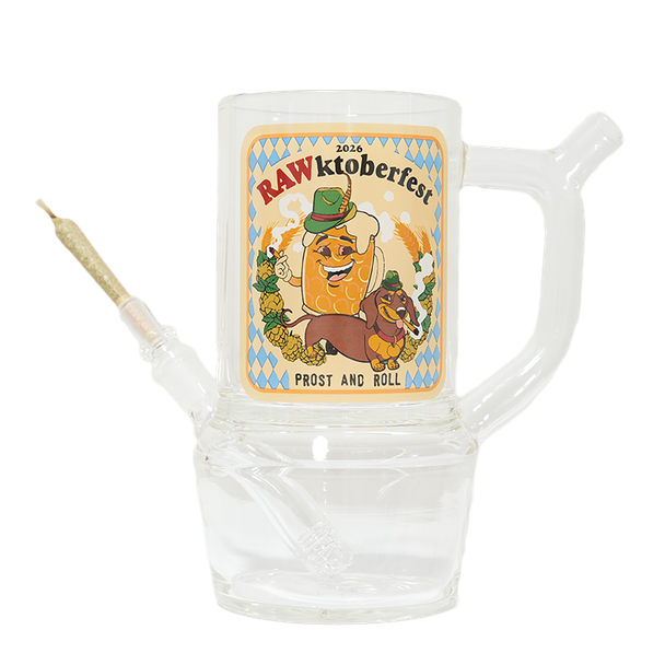 Clear RAWktoberfest Prost & Smoke Stein with 2026 Prost and Roll artwork, glass handle, and integrated tubes