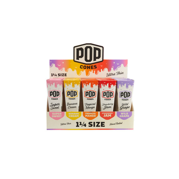 Front view of POP 25-pack 1 1/4 Ultra Thin cone display with five color-coded assorted flavors