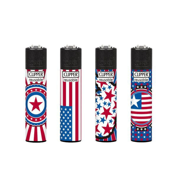 Four Clipper National Stars reusable lighters with assorted red, white, and blue patriotic-style graphics