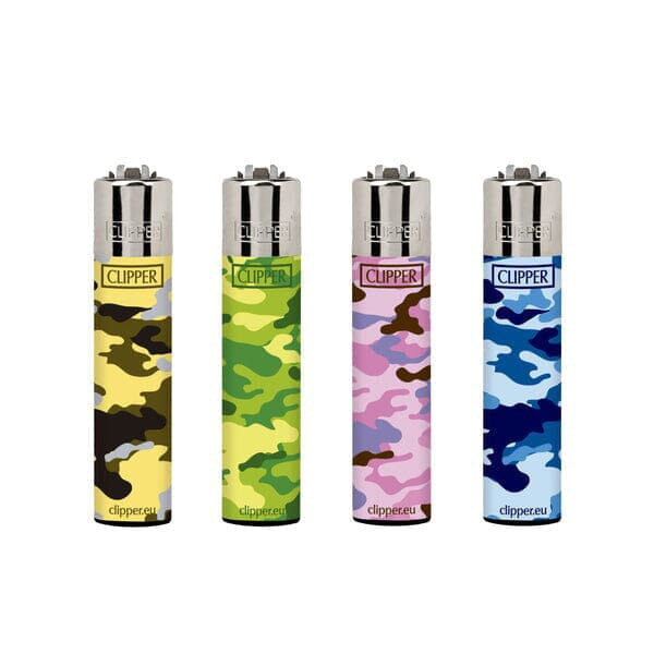 Four Clipper Classic Large reusable lighters shown in yellow, green, pink, and blue camouflage designs