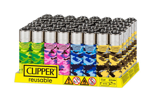 48-count Clipper Camo lighter display with green, pink, blue, and yellow camouflage designs in yellow tray