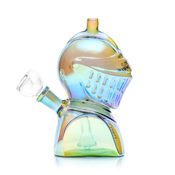 Angled front view of Hemper Medieval Knight glass bong with sculpted helmet visor and iridescent finish