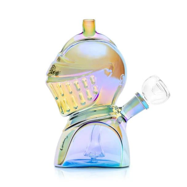 Opposite side view of Hemper Medieval Knight bong showing sculpted visor, clear bowl, and iridescent glass