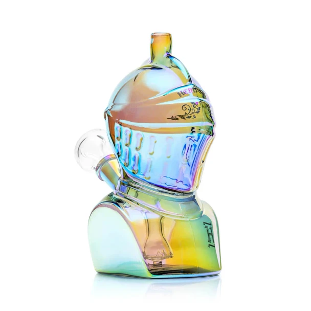 Rear view of Hemper Medieval Knight glass bong with clear 14 mm bowl centered above the iridescent base