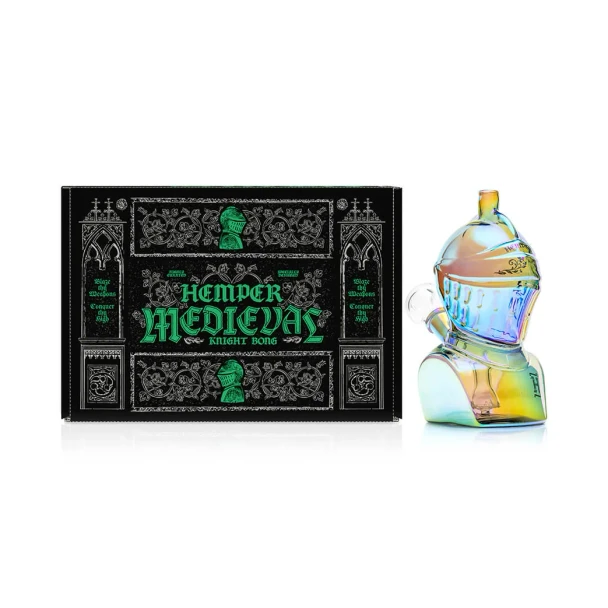 Hemper Medieval Knight glass bong beside black Medieval Knight retail box with green gothic artwork