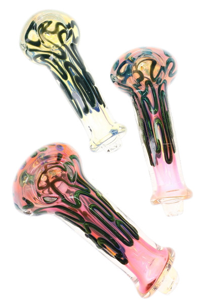Three assorted 4.5" glass spoon pipes with pink and pale fumed bodies and dark squiggle detailing around bowls and stems
