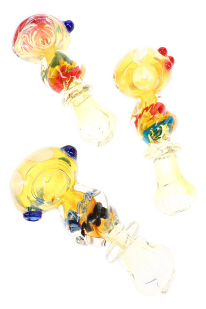 Three 4.5" glass spoon pipes with pale yellow bodies, colorful twisted accents, glass rings, and raised bowl details
