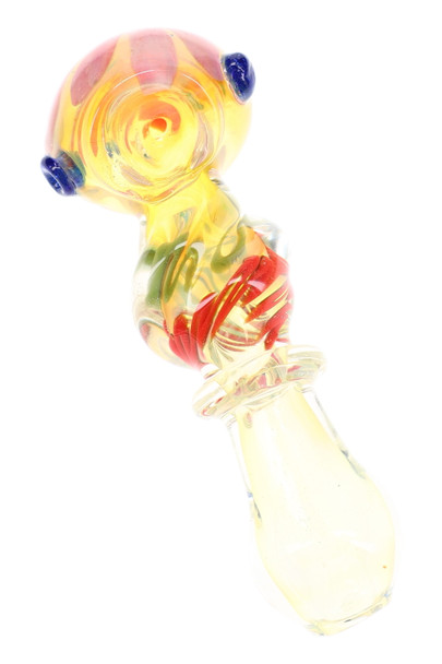4.5" pale yellow glass spoon pipe with red and green twisted accents, clear ring detail, and blue bowl accents