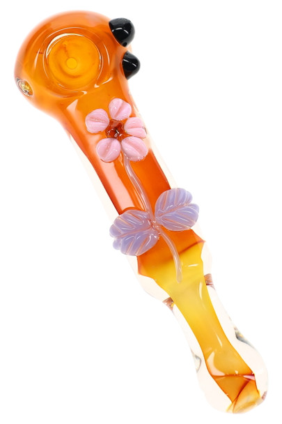 5.5" gold-toned glass spoon pipe with pink flower, lavender leaf accents, orange stem, and dark bowl accents