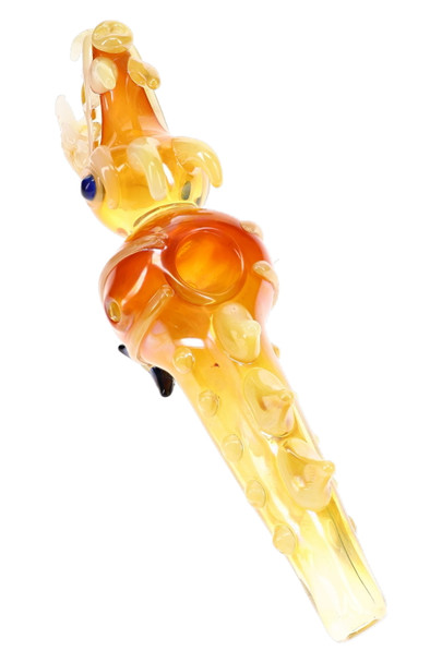 Top angled view of 8" gold fumed dragon glass pipe showing round bowl, amber body, raised details, and dragon head