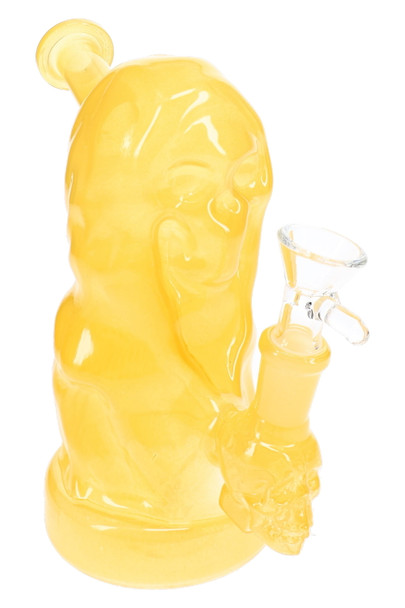 Yellow 7" Grim Reaper skull glass water pipe with sculpted cloaked figure, skull detail and clear bowl