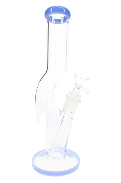 11.5" Zig Zag clear glass water pipe with light blue mouthpiece and base accents, downstem and clear bowl