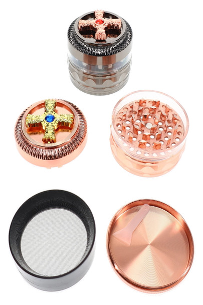 2" zinc alloy 4-part grinders shown open and closed with decorative spinner tops, screen, teeth, and catcher