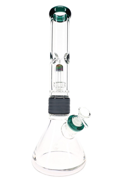 Two-part clear glass beaker water pipe with green accents, dome matrix perc, connector sleeve and glass bowl