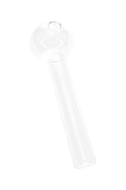 Clear straight glass oil burner pipe with rounded bowl and long cylindrical stem shown against a white background