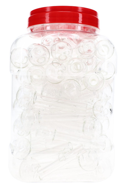 Clear storage jar filled with straight glass oil burner pipes and topped with a red screw-on lid