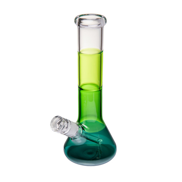 Angled BigFun! Canopy tricolor bong with clear rolled mouthpiece, green neck and teal glass base