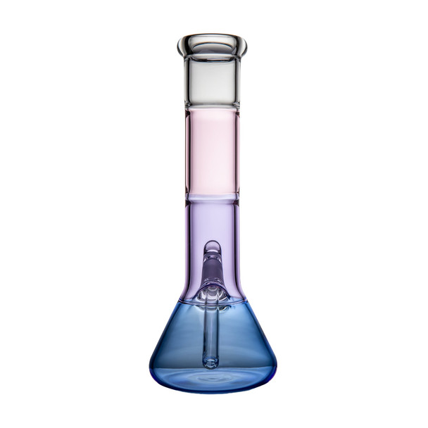 Rear view of BigFun! Sorbet tricolor glass bong showing purple neck, blue base and internal downstem