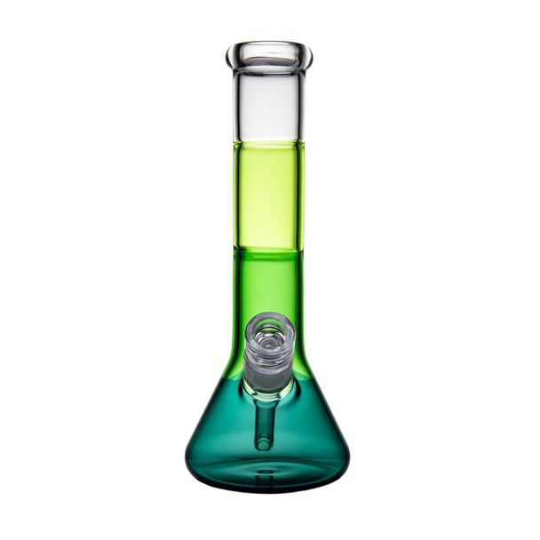 Front view of BigFun! Canopy tricolor glass bong with green neck, teal base and clear glass joint
