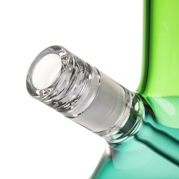Close-up angle of clear glass joint on BigFun! Canopy tricolor bong with green glass neck