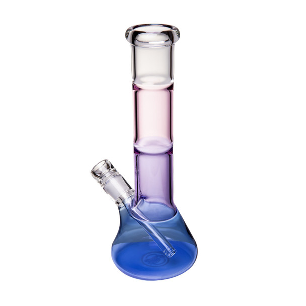Angled BigFun! Sorbet tricolor bong with clear rolled mouthpiece, pink-purple neck and blue base