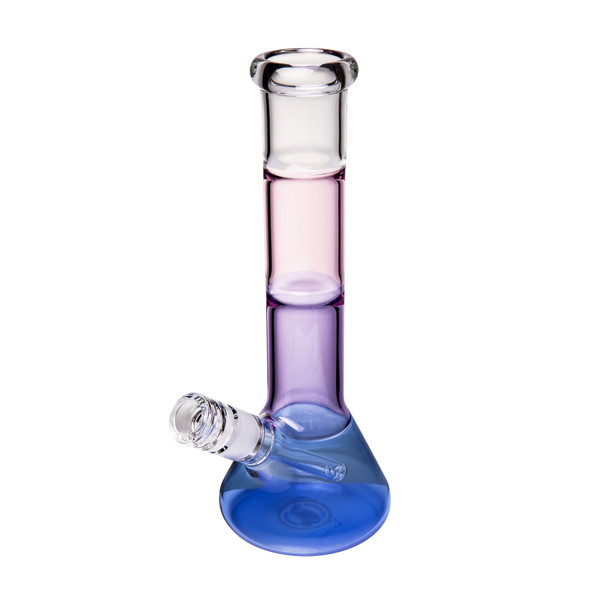 Three-quarter view of Sorbet tricolor glass bong with pink and purple neck, blue base and clear joint