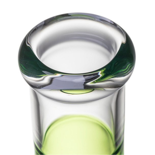 Close-up of thick clear rolled mouthpiece on BigFun! Canopy tricolor glass bong with green neck