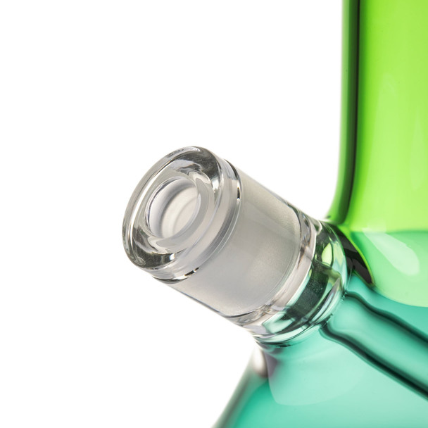Close-up of clear ground glass connection on BigFun! Canopy bong against green and teal glass body